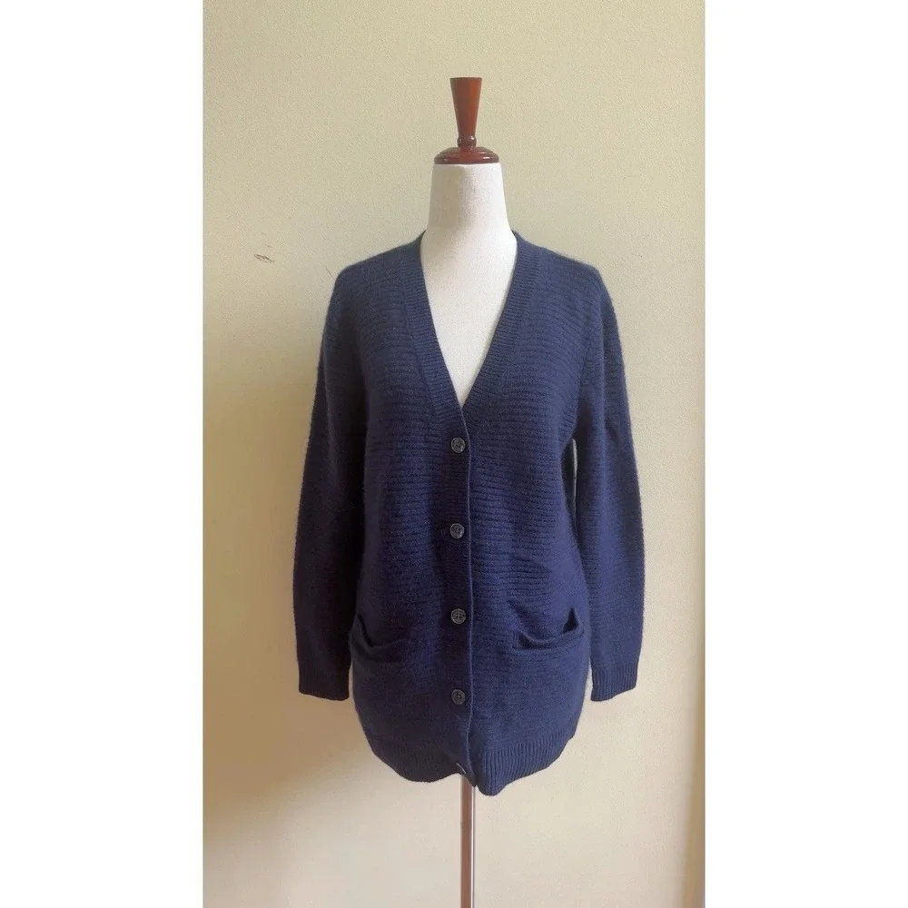 Lands' End Girls 100% Cashmere Cardigan Sweater Size L 14-16 Navy Blue